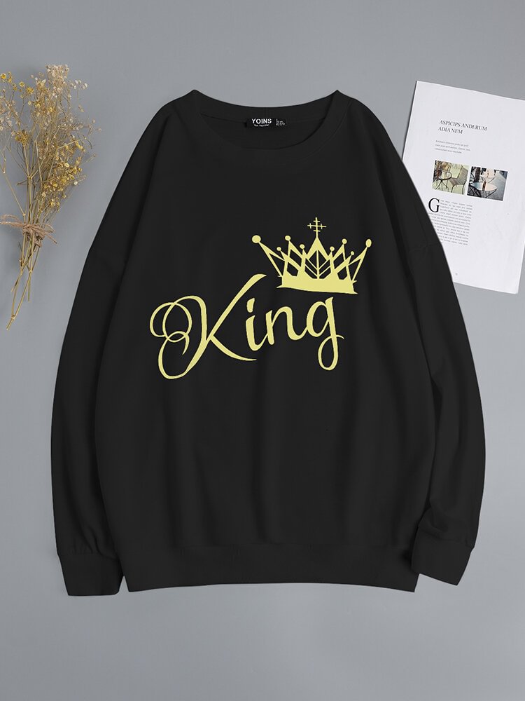 Crown Letters Print O-neck Loose Casual Sweatshirt For Women