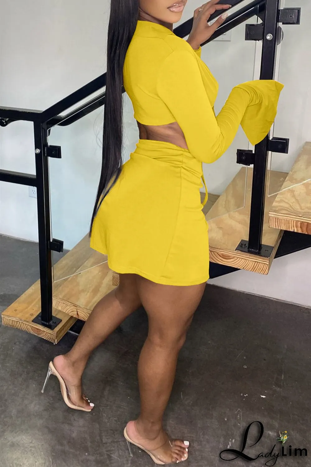Yellow Fashion Sexy Solid Bandage Slit V Neck Long Sleeve Two Pieces