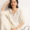 Half Zip Goat Cashmere Hoodie Women's AutumnWinter LongSleeved Solid Color Drawstring Loose Fitting Pullover Knit Jumper Sweater