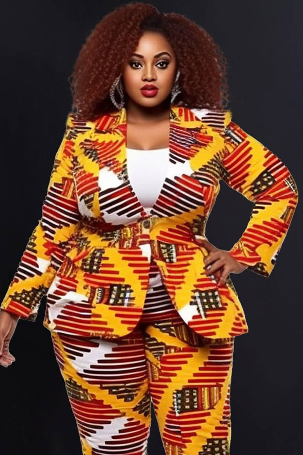 Design Plus Size Semi Formal Yellow Ankara Lapel Collar Long Sleeve Two Piece Pant Suits [Pre-Order]