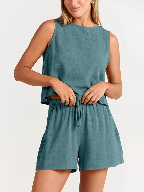 Solid Color Round-Neck Vest + Elasticity Drawstring Shorts Two Pieces Set