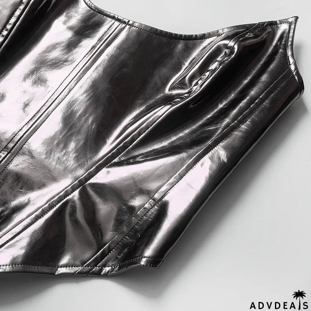 Women Summer Solid Color Sexy Sleeveless Backless Lace-Up PU-Leather Strapless Top