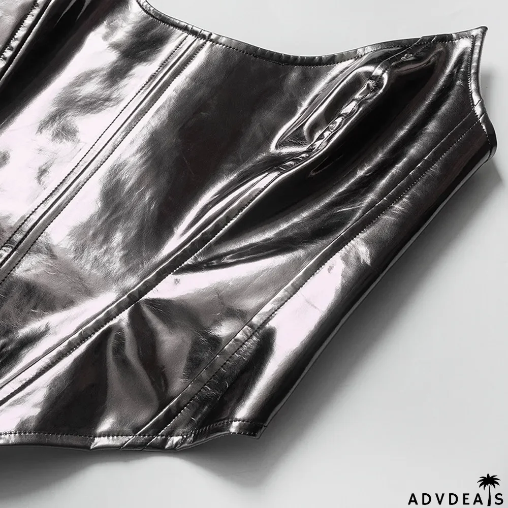 Women Summer Solid Color Sexy Sleeveless Backless Lace-Up PU-Leather Strapless Top