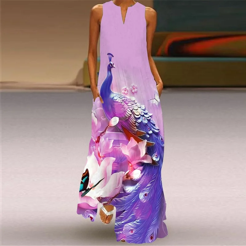 New Summer Fashion Print fashion Insert Pocket Long Dress Elegant Women's Fashion Loose V-neck Mandarin Duck Print Dresses Vestidos