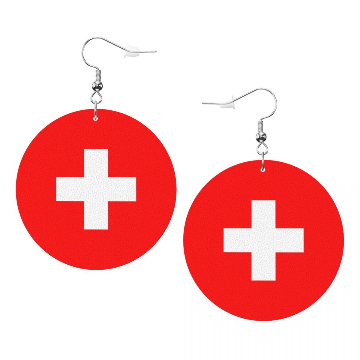 Switzerland Flag Round Leather Dangle Earrings for Sport Ball Fans or Players