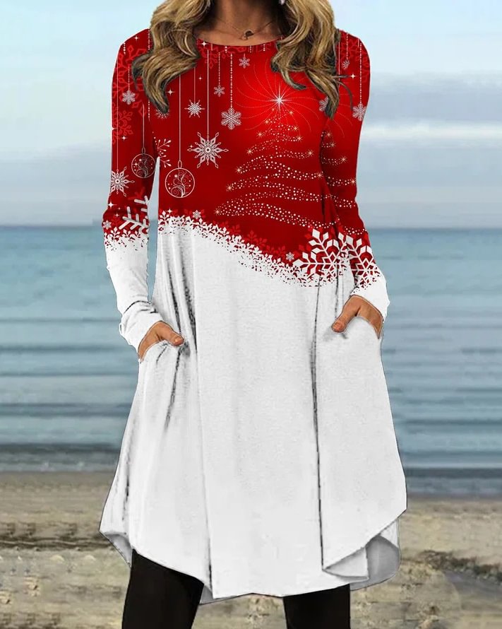 Christmas Loose Irregular Hem Women's Long Sleeve Dress