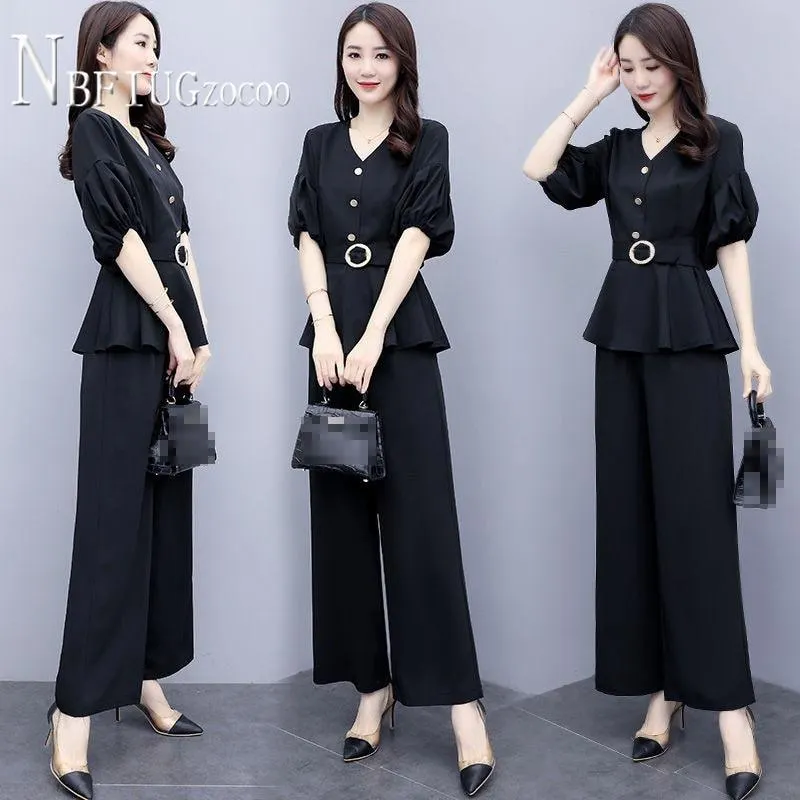 Plus Size Summer 2021 Women Sets Slim Temperament Blouse And Wide Leg Pants Female Sets