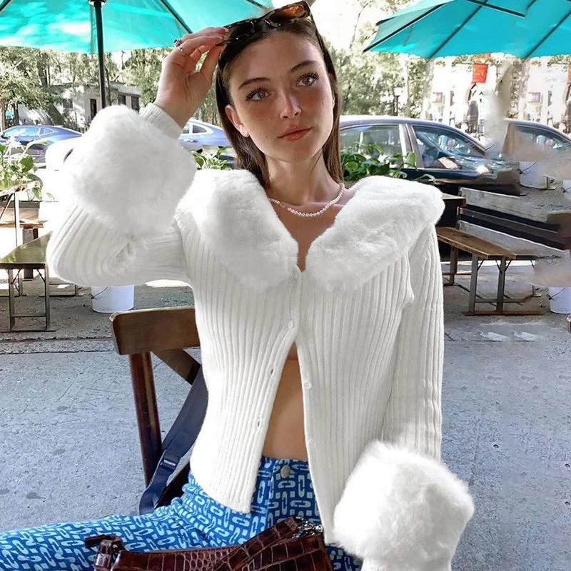 LONG SLEEVESEXY FURRY COLLAR KNITTED CARDIGAN