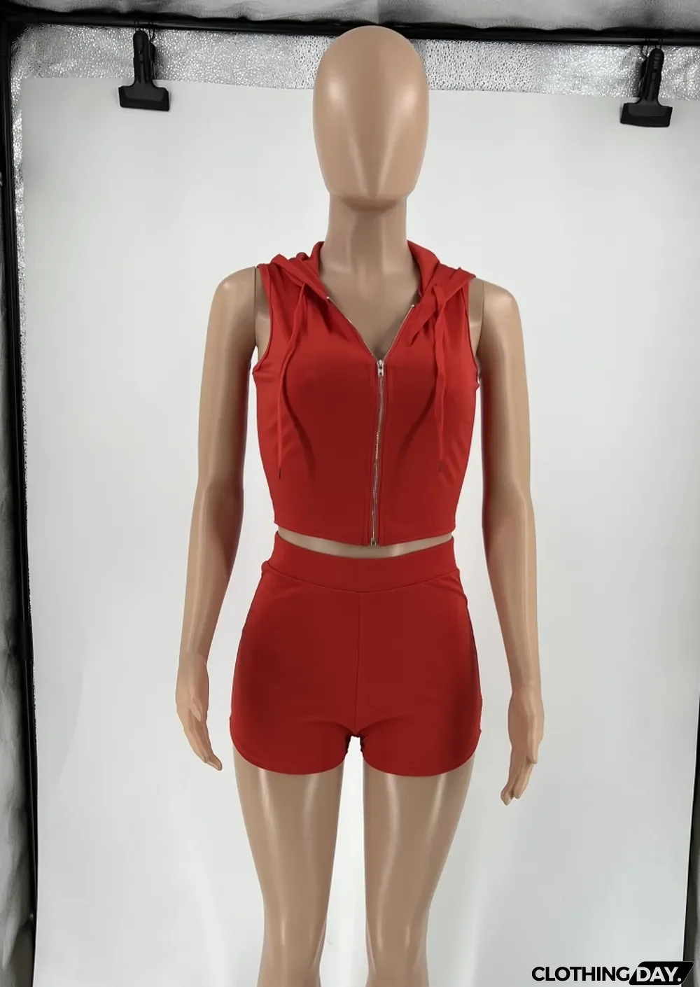 Women Summer Red O-Neck Sleeveless Crop Solid Zippers Tight Sports Two Piece Shorts Set