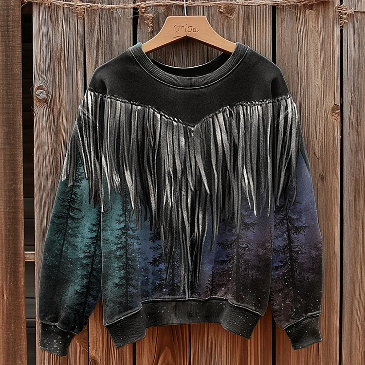 Utbros Vintage Mountains Silhouette Tassel Art Casual Sweatshirt
