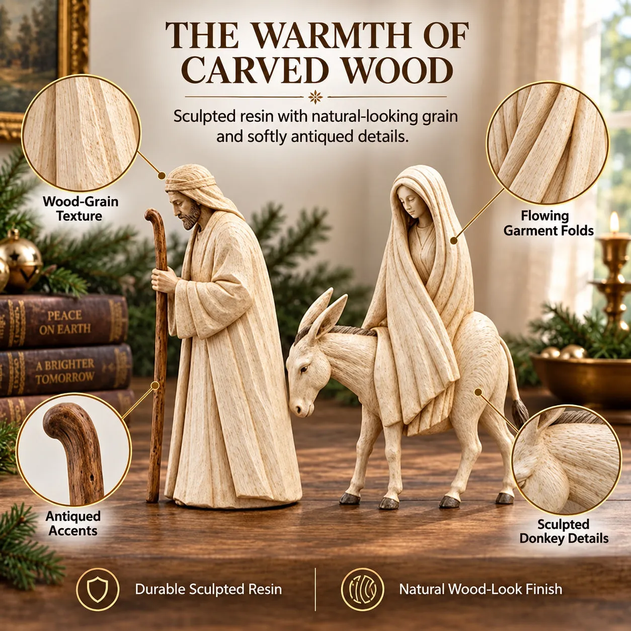 Detailed wood-look texture of Journey to Bethlehem figurines