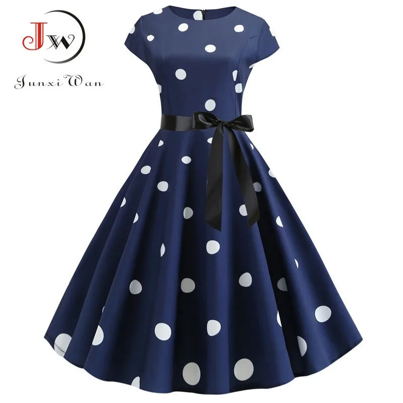 Short Sleeve Polka Dot Summer Dress Women White Elegant A-line Midi Party Dress Vestidos 50s 60s Rockabilly Vintage Dress