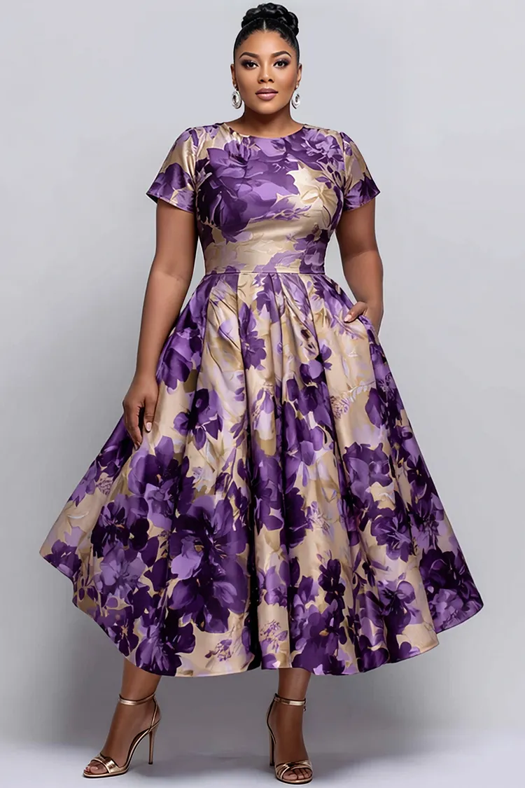 Xpluswear Design Plus Size Cocktail Party Purple Floral Round Neck Short Sleeve Pocket Satin Midi Dresses [Pre-Order] 2024 - Xpluswear