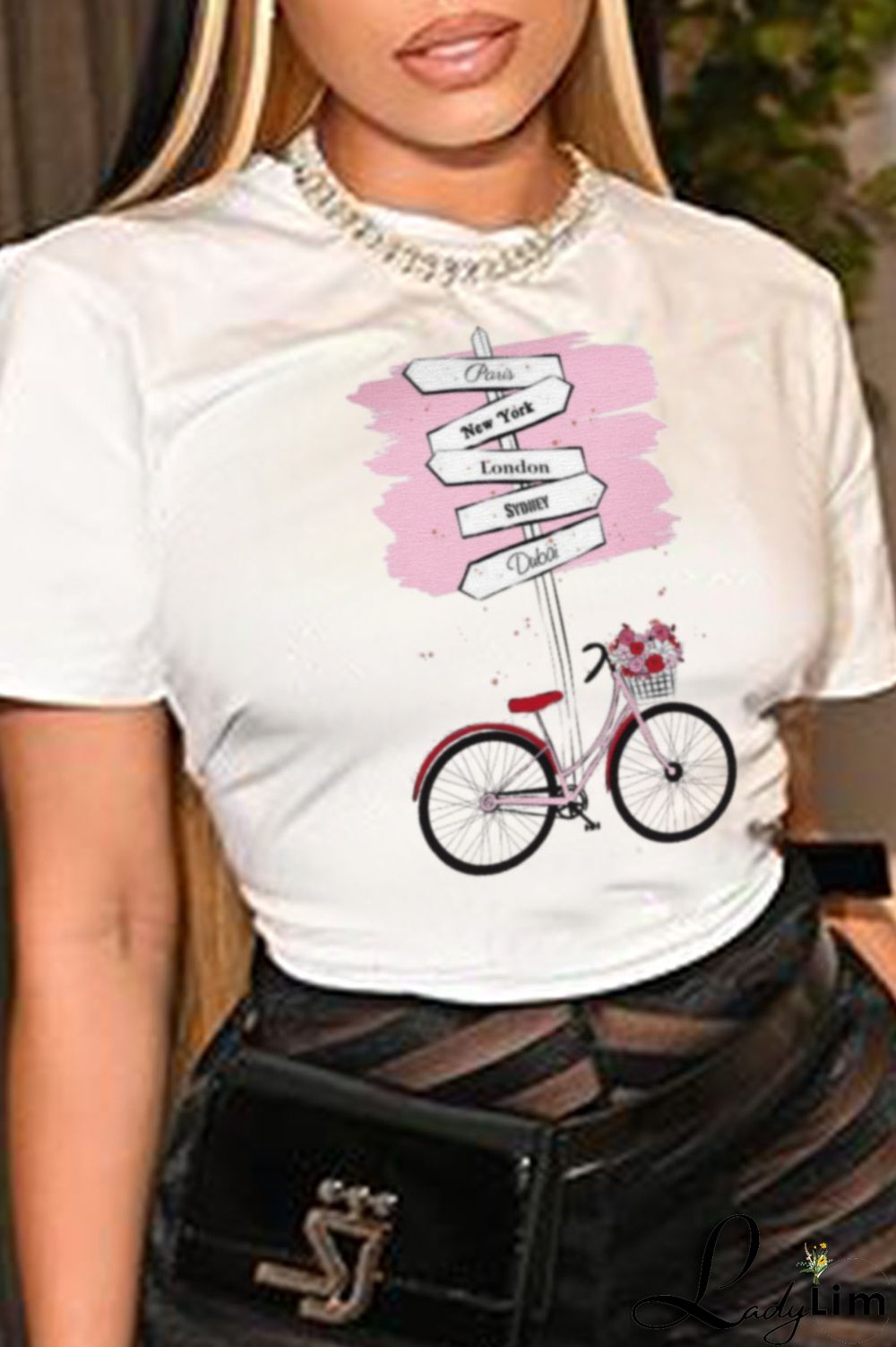 White Fashion Street Print Patchwork Letter O Neck T-Shirts