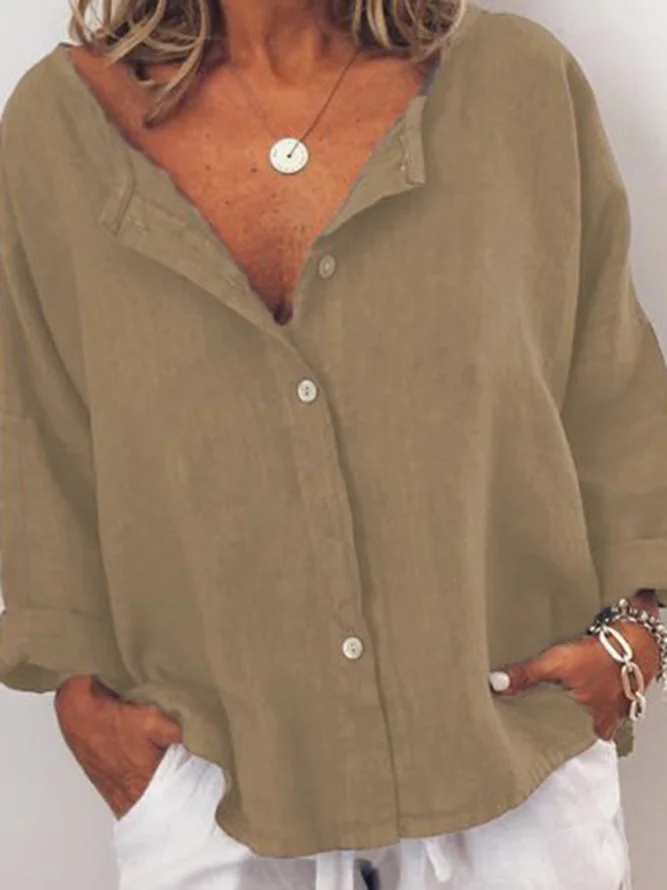 Casual Solid V Neck  Long Sleeve Buttoned Tops