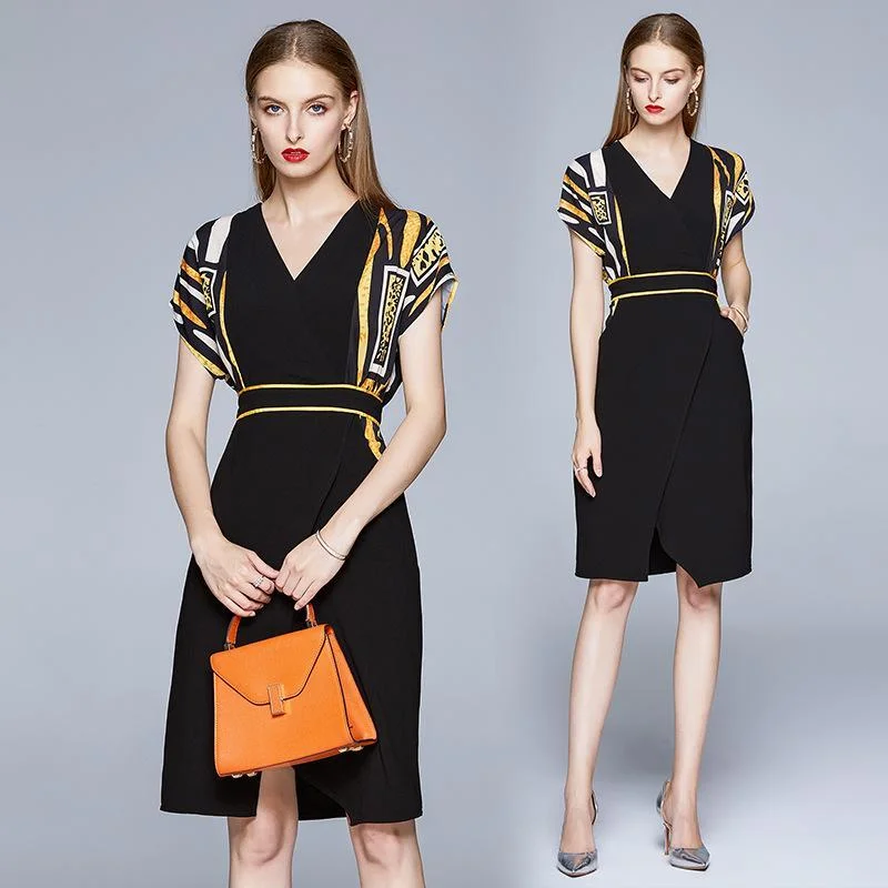 Fashion V-neck Printed Short Sleeve Slim Slit Retro Printed Dress