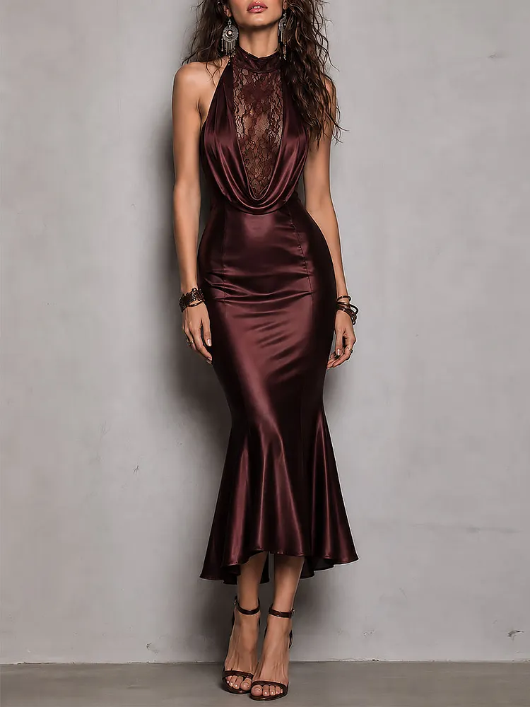 Elegant A Draped Neckline Satin Mermaid Maxi Dress With Lace Inserts