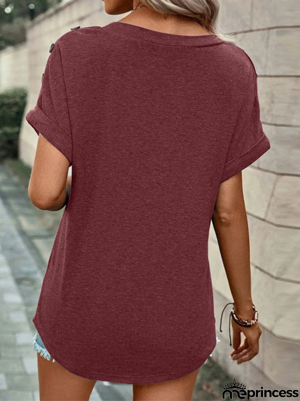 Solid Short Sleeve V-Neck Top with Buttons
