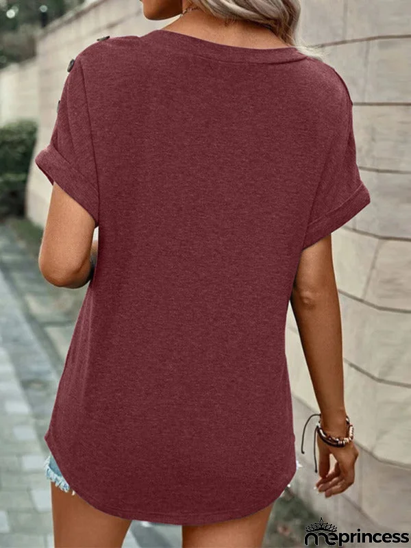 Solid Short Sleeve V-Neck Top with Buttons