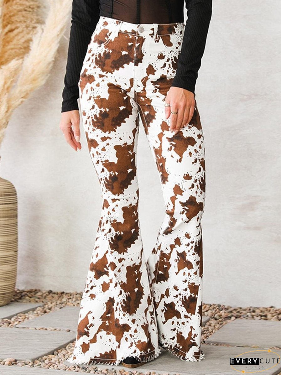 Chic Cow Print Flared Trousers