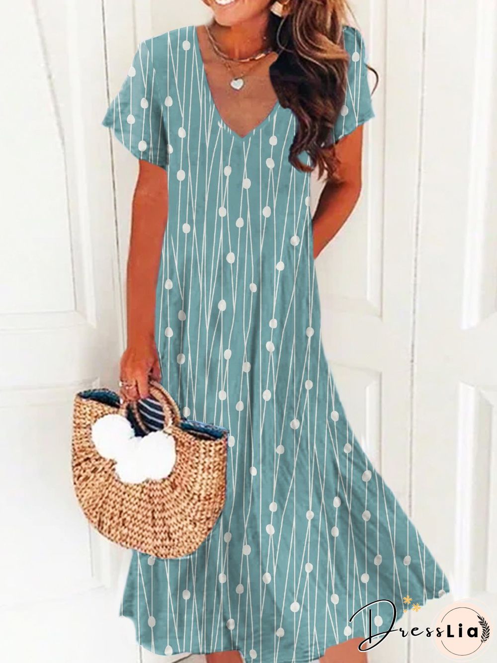Polka Dots Short Sleeve V Neck Plus Size Casual Dresses