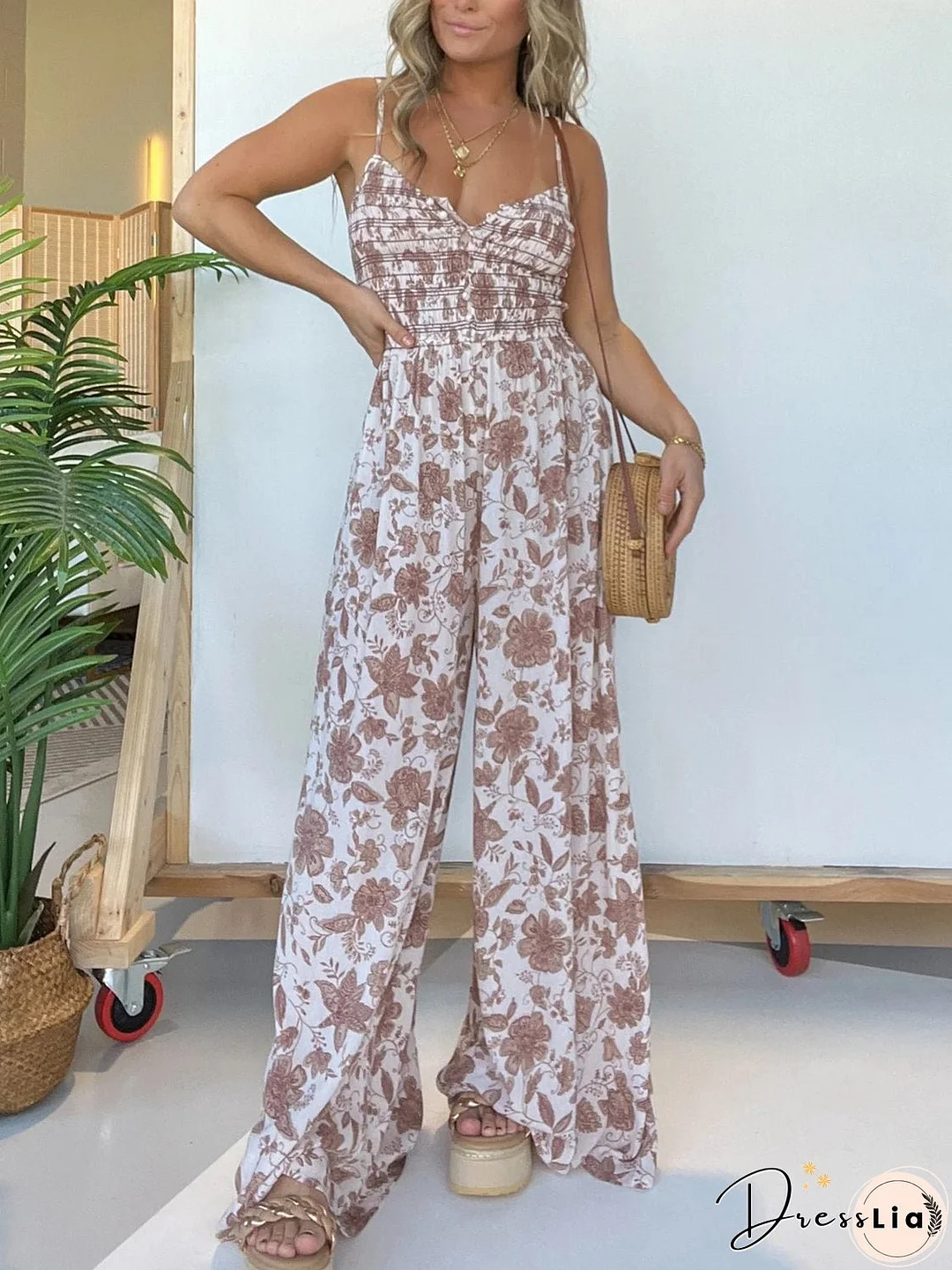 Full Size Printed Spaghetti Strap Wide Leg Jumpsuit
