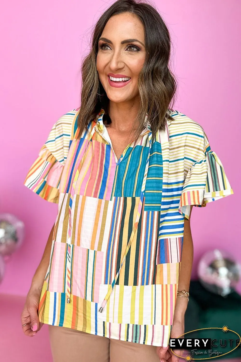 Multicolor Striped Printed Ruffle Short Sleeve Blouse