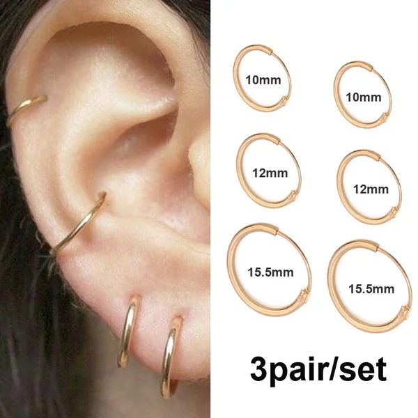 3 Pair/set Exquisite 14K Gold Slim Hoop Earring Mini Circle Hoop Earrings