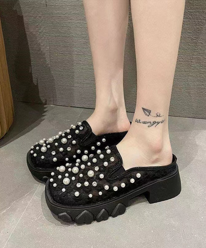 VCSHOES Platform Slide Sandals Nail Bead Black Breathable Mesh