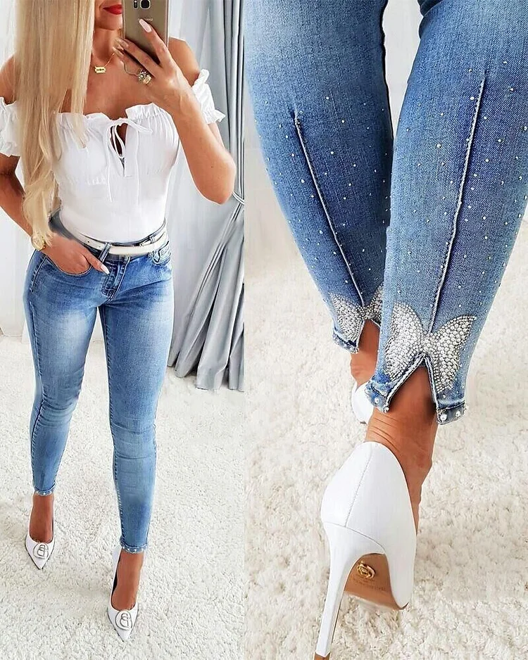 Women's 2024 Denim Jeans Retro High Waist Skinny Butterfly Denim Jeans