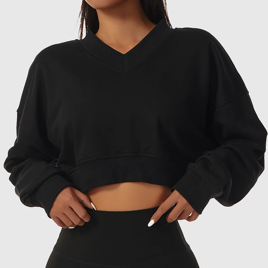 Loose cropped long-sleeved V-neck sweatshirt