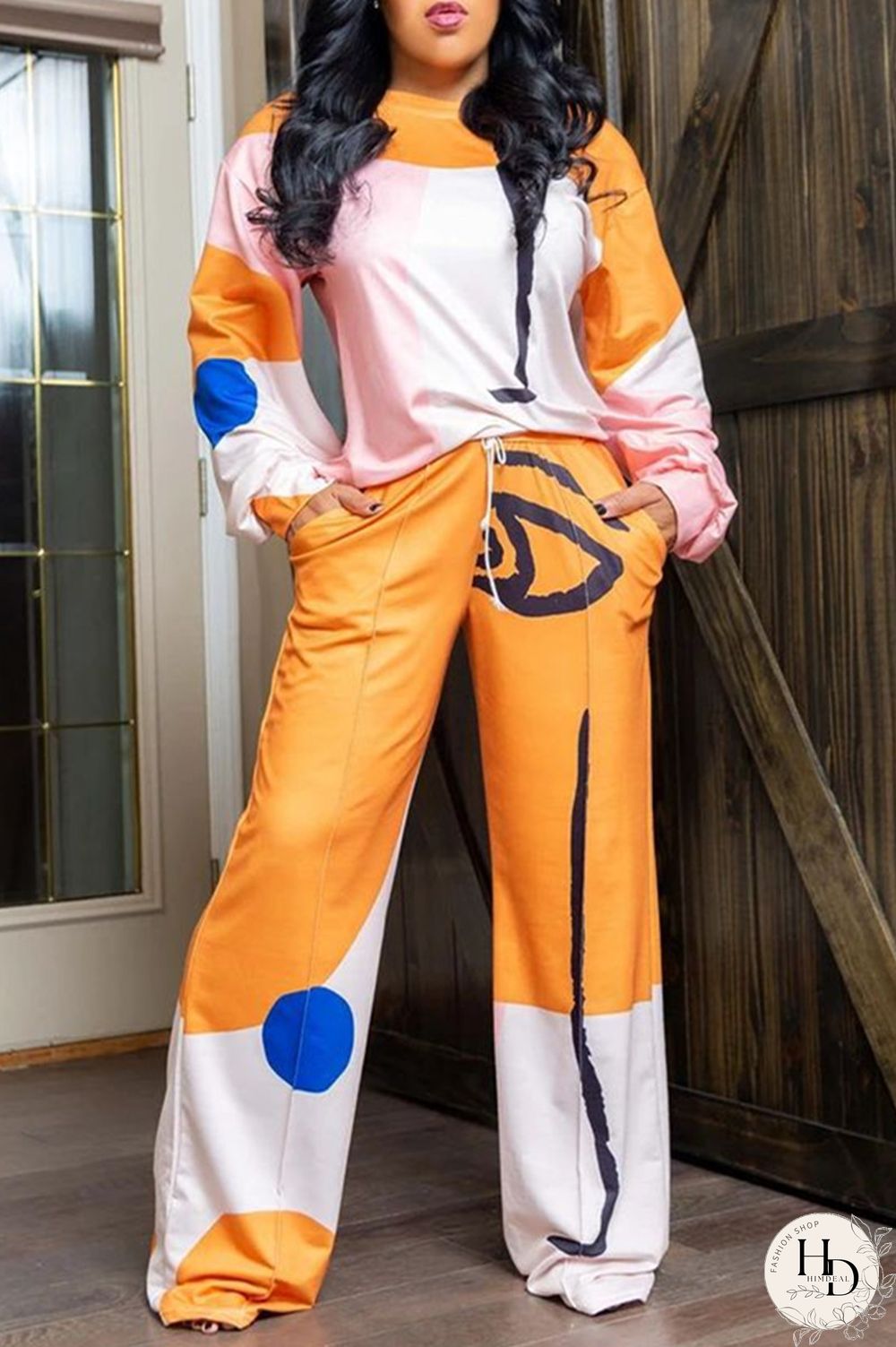 Rose Red Fashion Casual Print Basic O Neck Long Sleeve Two Pieces