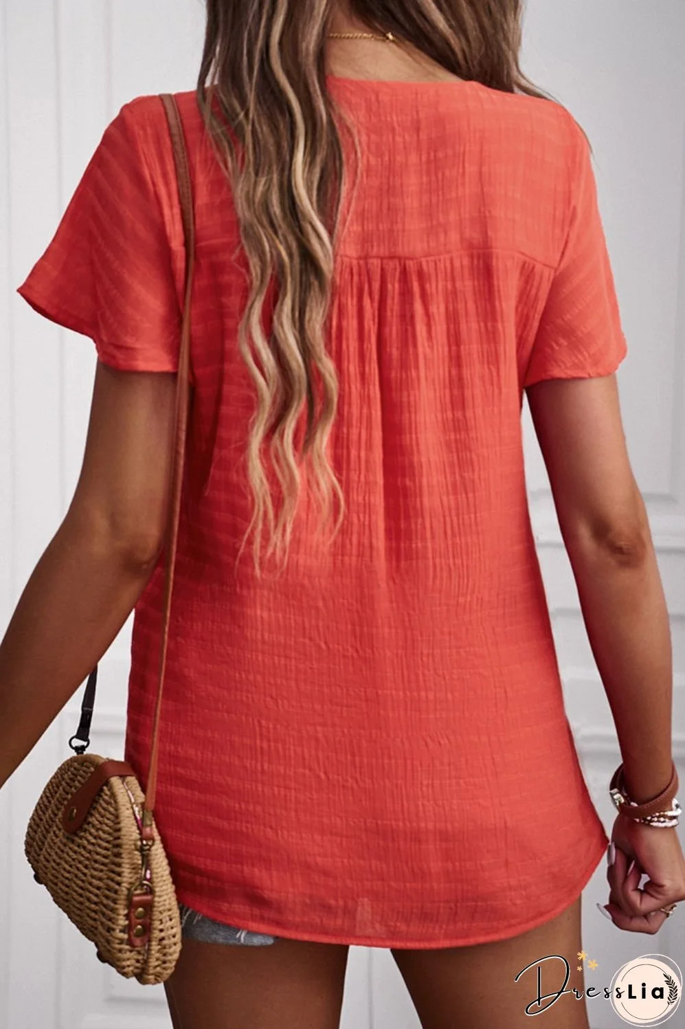 Quarter-Button Round Neck Short Sleeve Top