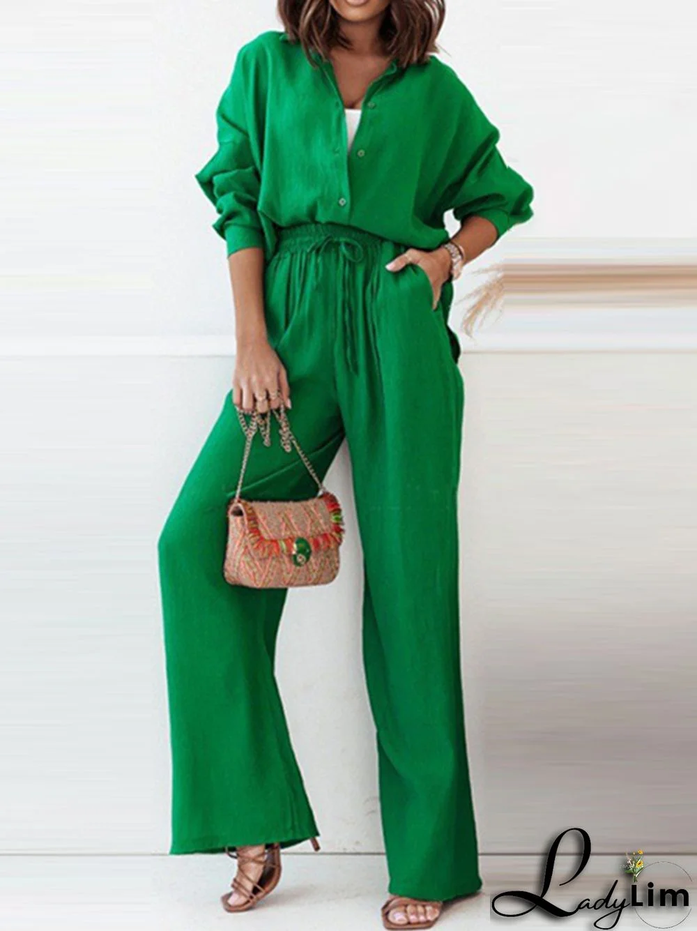 Solid Color High-Low Long Sleeves Lapel Blouses + Drawstring Pants Two Pieces Set