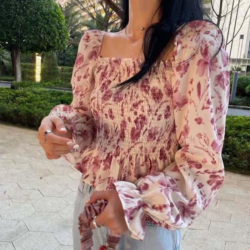 Women Ruffle Floral Top Chiffon Blouse Elegant Puff Sleeve Chiffon Vintage Blouse High Waist Cropped Casual Office White Shirt