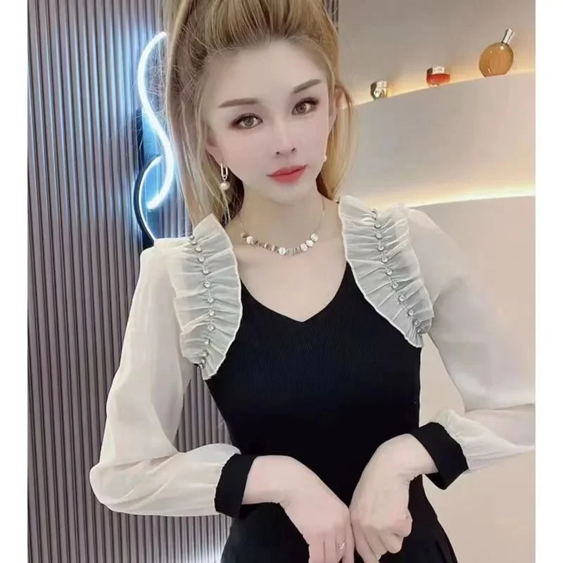 Wongn V-Neck Spliced Diamonds Folds Gauze Blouses Women's Clothing 2023 Autumn Winter New Elegant Tops Office Lady Shirts
