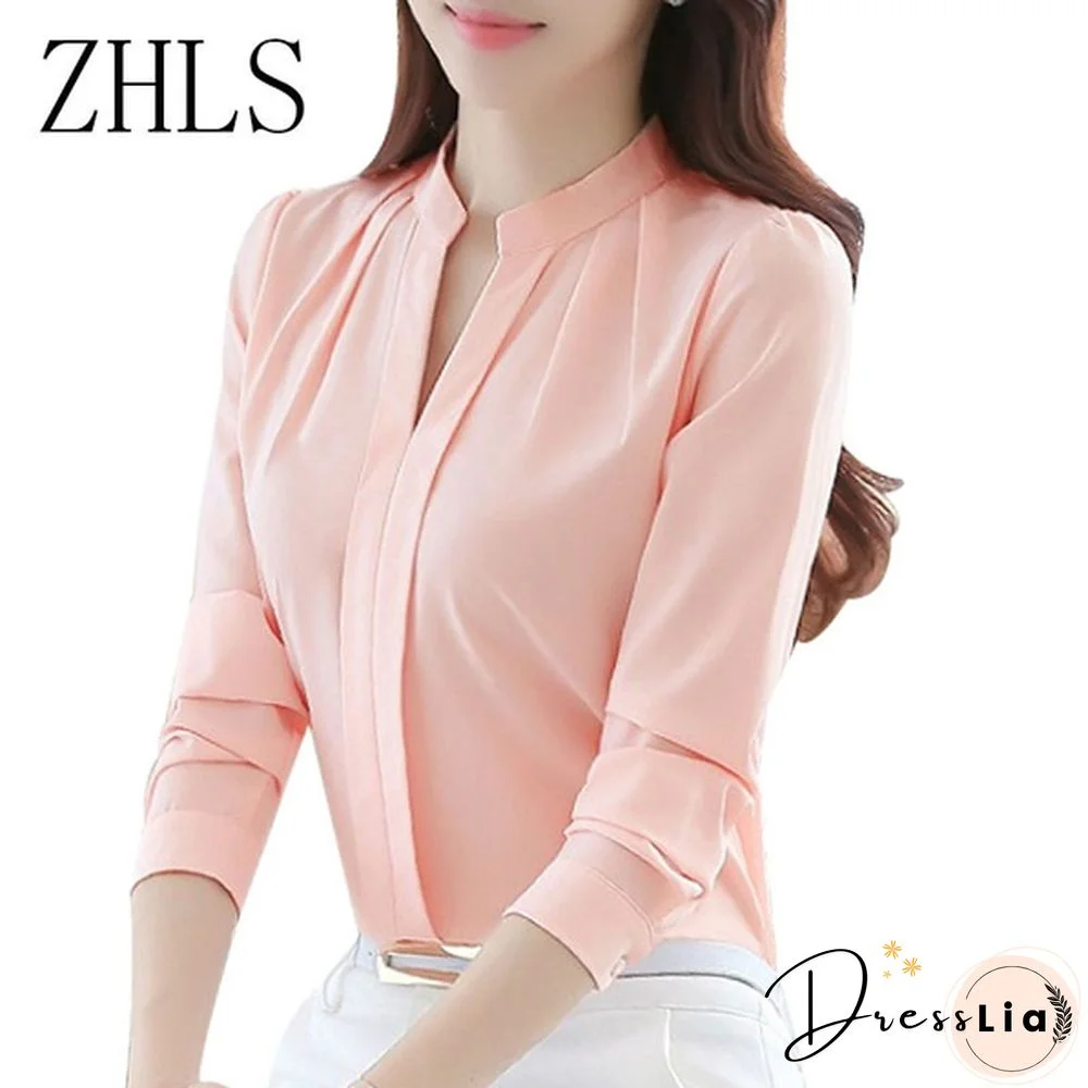 Spring Autumn Women Tops Long Sleeve Casual Chiffon Blouse Female V-Neck Work Wear Solid Color White Office Shirts For Women