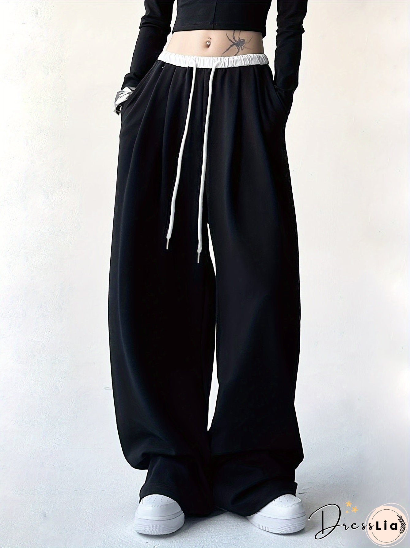 Color Block Wide Leg Pants, Casual Drawstring Loose Slant Pockets Pants For Spring & Fall, Women's Clothing