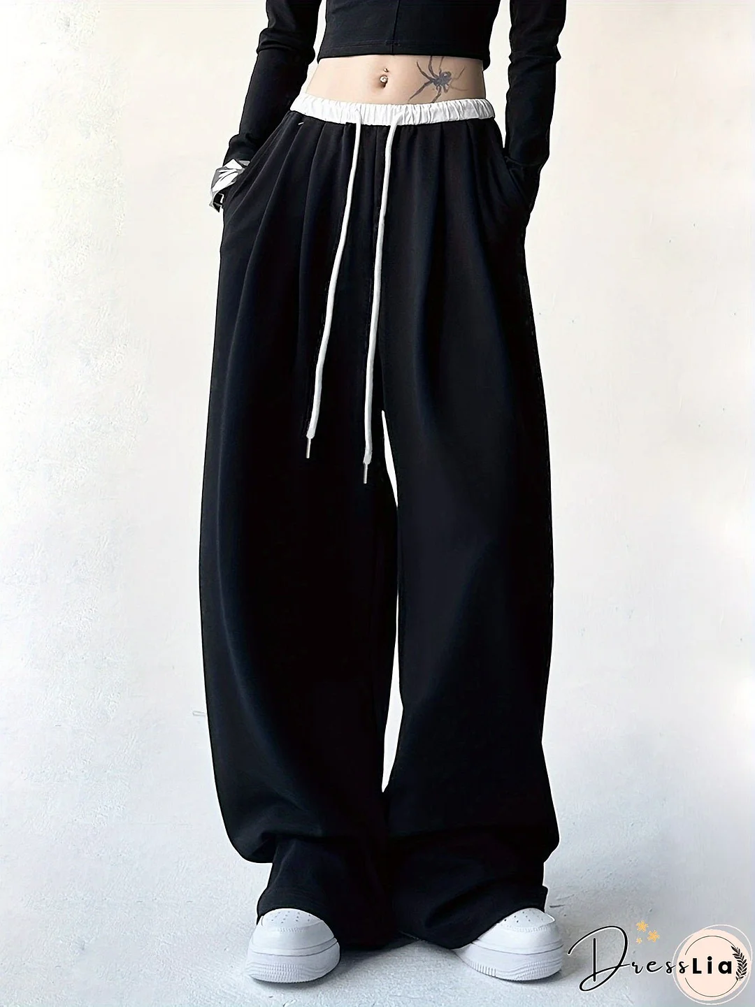 Color Block Wide Leg Pants, Casual Drawstring Loose Slant Pockets Pants For Spring & Fall, Women's Clothing