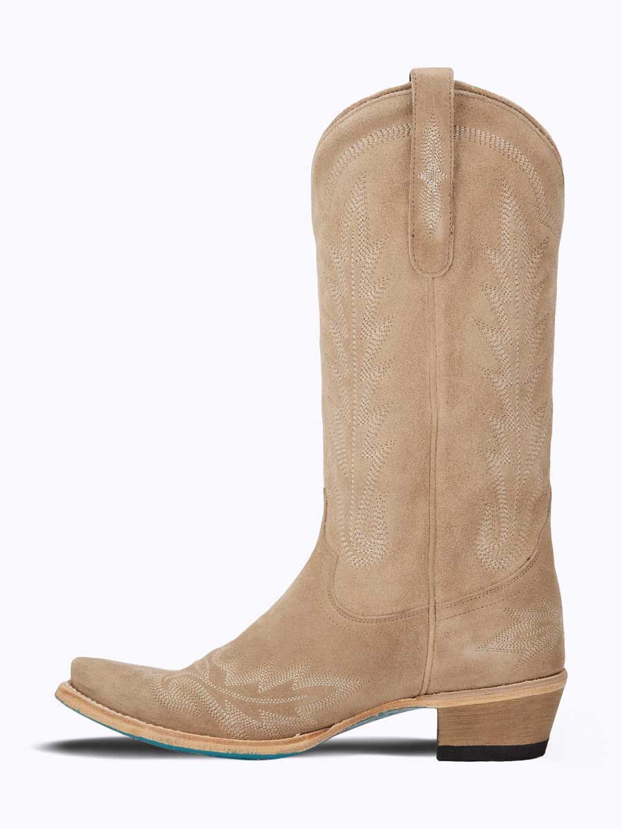 Beige Faux Suede Snip Toe Embroidered Mid Calf Cowgirl Boots With Chunky Heel