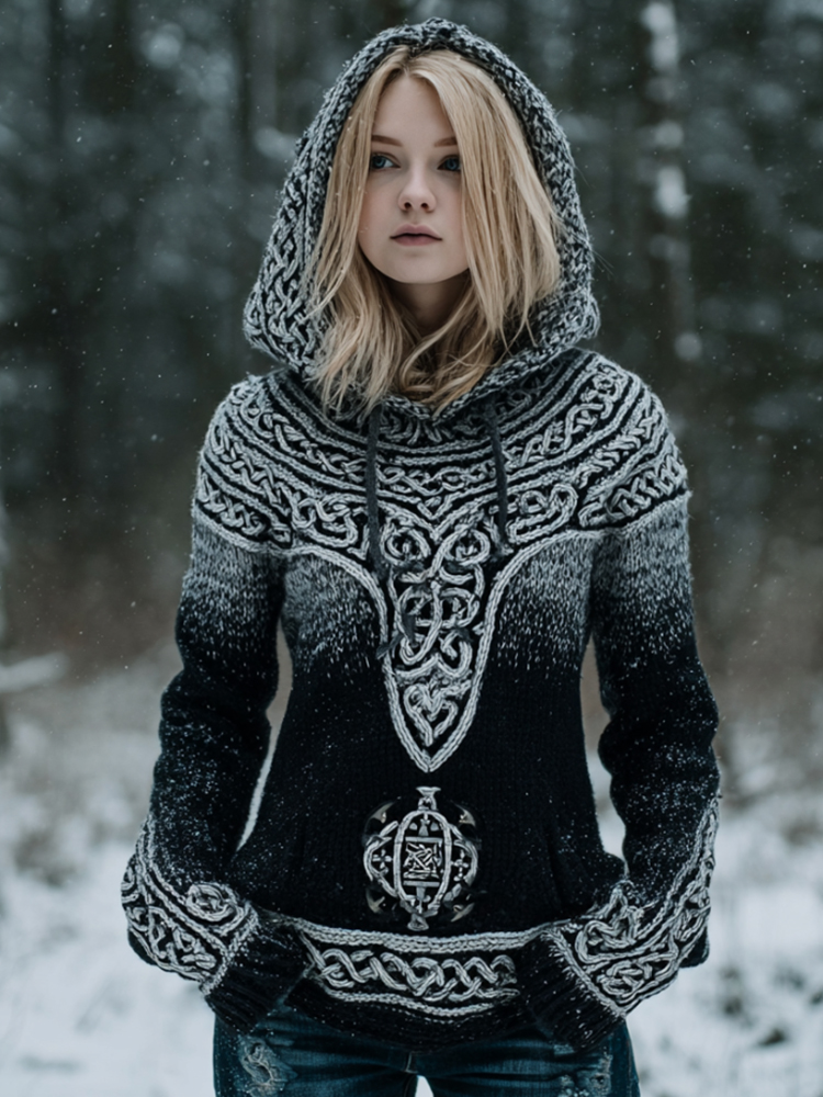 Comstylish Women's Viking Style Gradient Celtic Knot Hooded Sweater