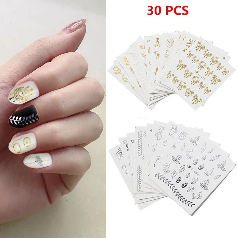 Classic Silver Gold Bronzing Water Decals Stickers Flower Leaf Cat Manicure Nail Art Transfer Sticker Nails Art Sticke