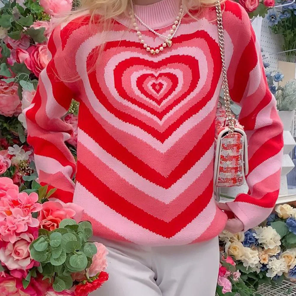 Smiledeer Ladies Turtleneck Colorblock Heart Knit Pullover Sweater