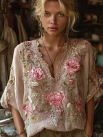 Vintage Bohemian Pink Rose Embroidered Linen Short-sleeved V-neck Top