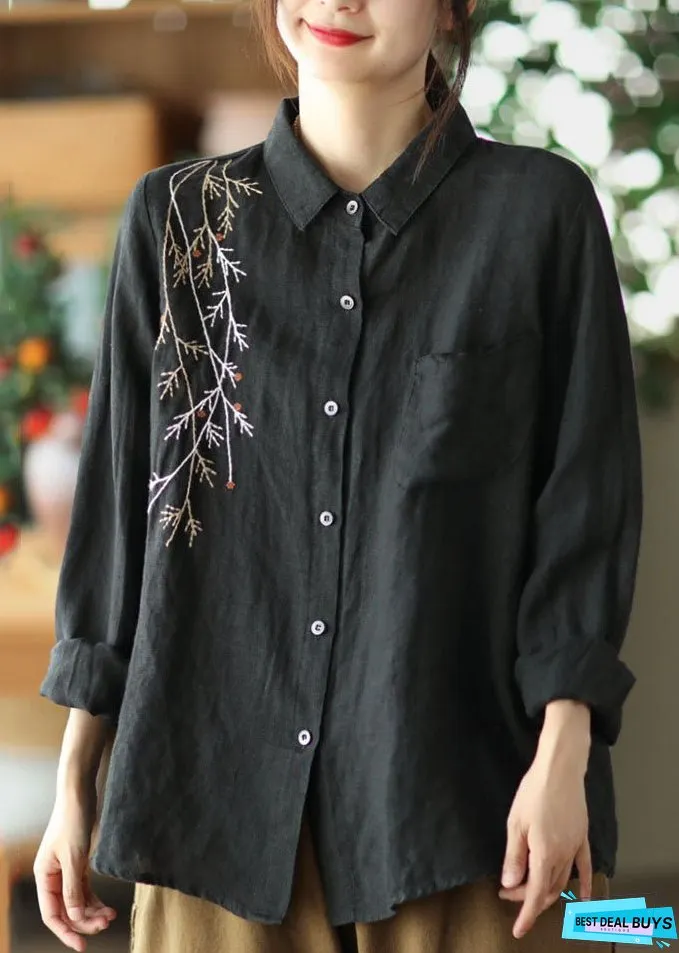 Vintage Red Peter Pan Collar Patchwork Linen Blouses Spring