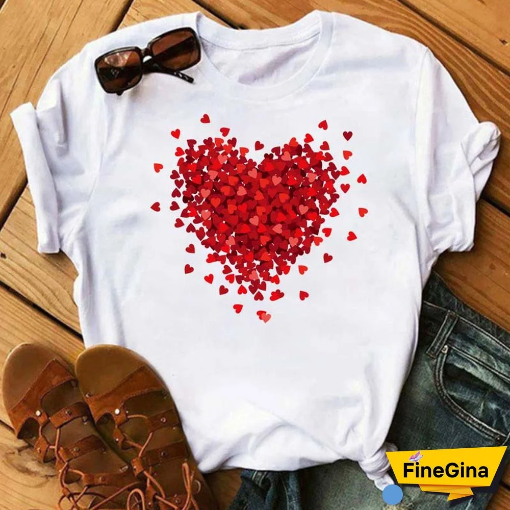 Maycaur Fashion Women T Shirt Love Heart Printed T Shirt Casual Red Tops 90s Valentine's Shirt Female Harajuku Graphic Tshirt