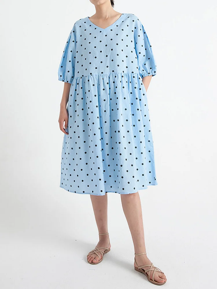 Plus Size Dot V Neck Summer Pleated Short Sleeve Dress