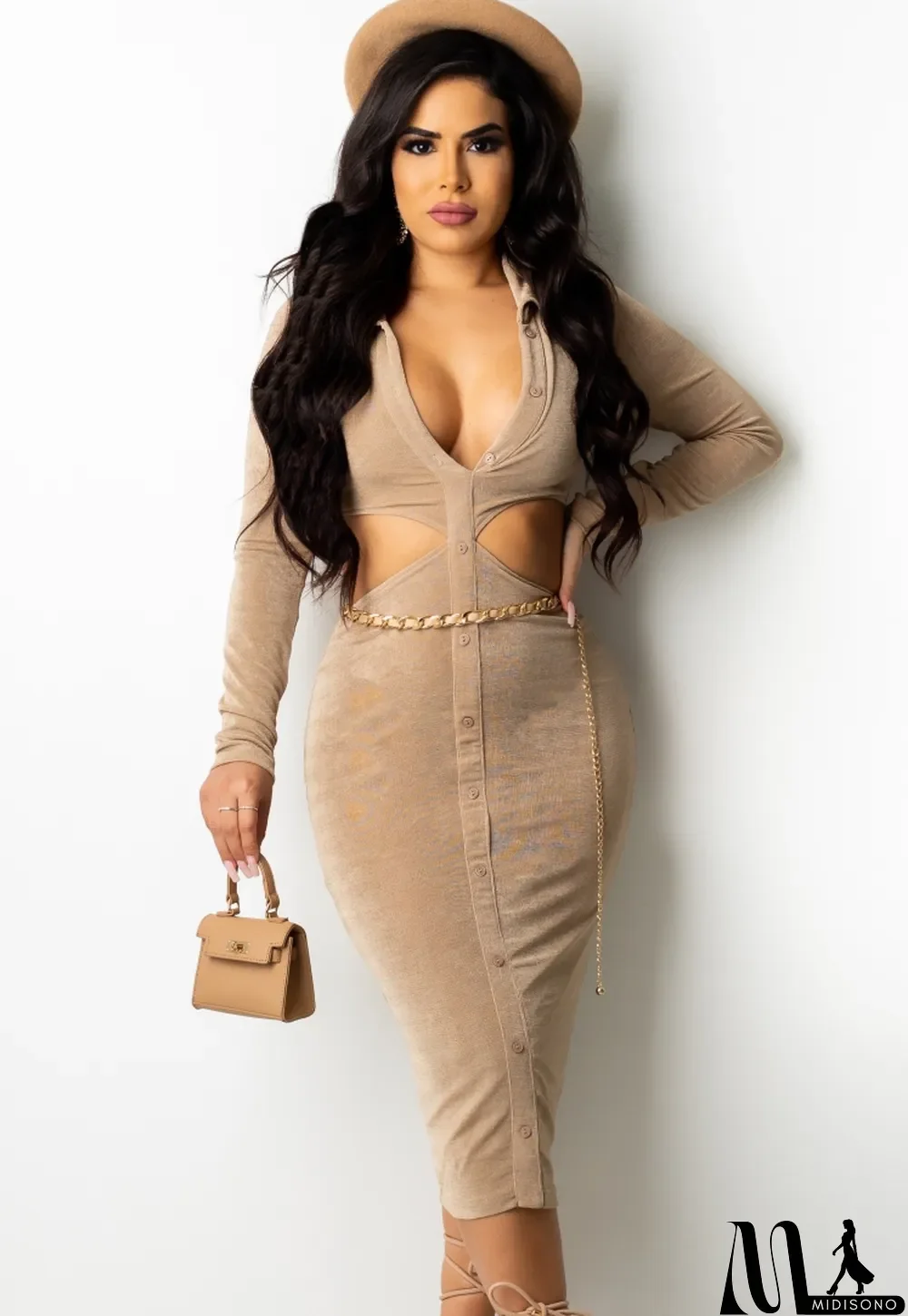 MidiSono - Fall Sexy Khaki Hollow Out Turndown Collar Long Sleeve Midi Dress