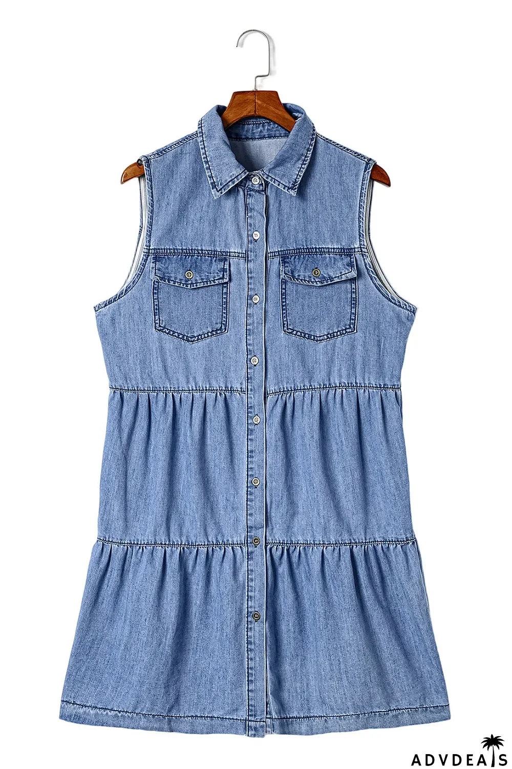 Sky Blue Flap Pockets Button up Sleeveless Denim Dress