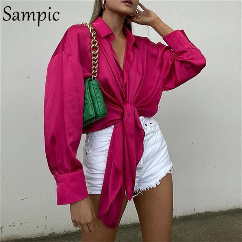 Sampic Elegant Stain Women Blouse Tops 2021 Long Puff Sleeve Sexy Lace Up Ladies Fashion Loose Blouse Shirt Tops Autumn Summer